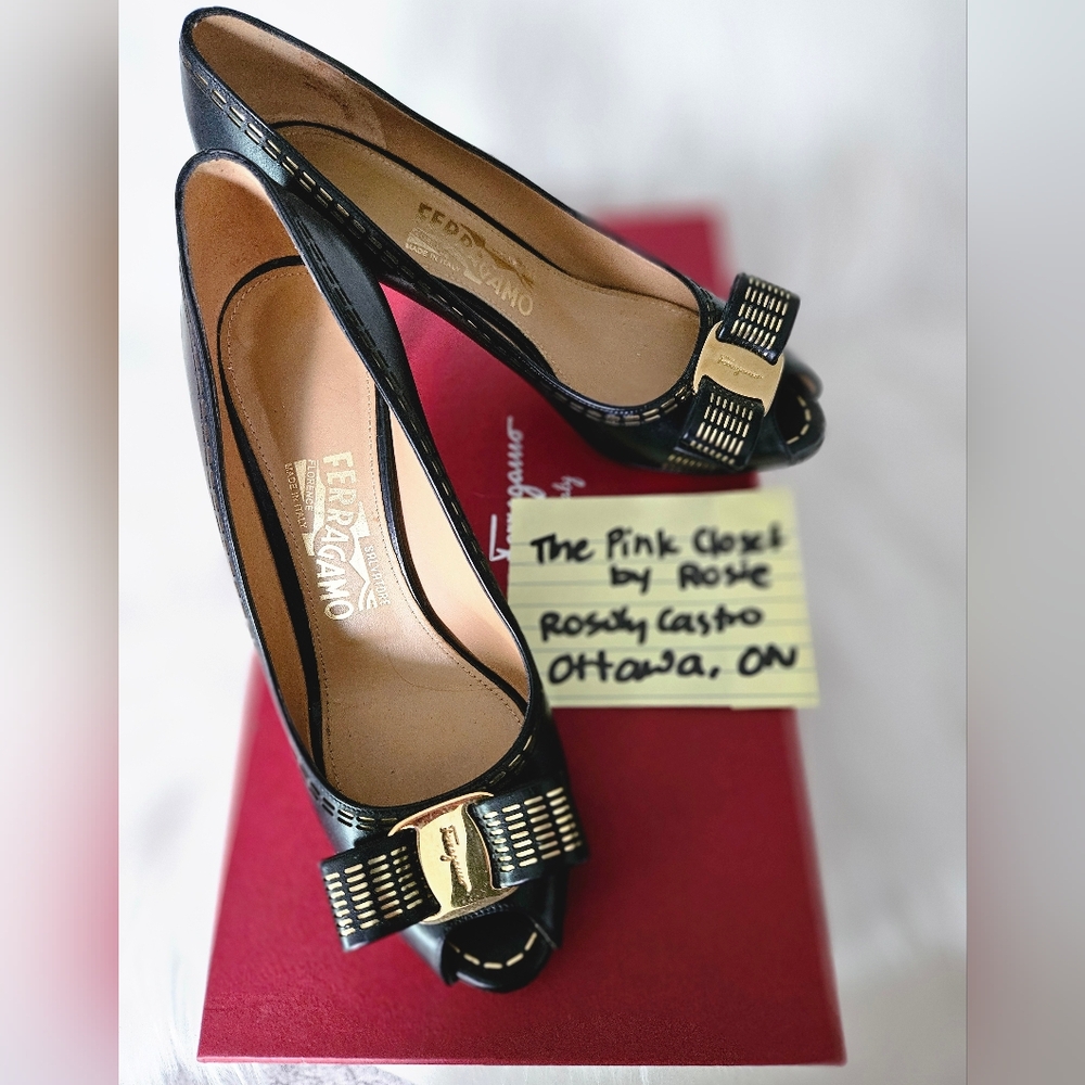 Salvatore Ferragamo Pola Stitc Peep Toe Pumps Size 6B